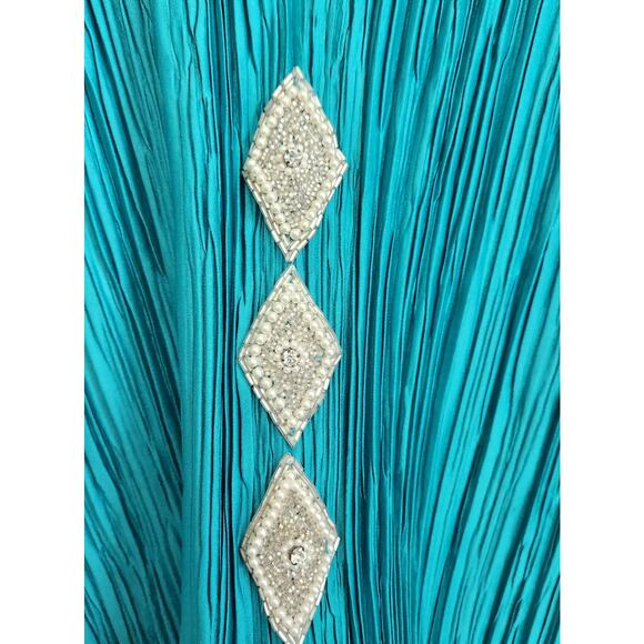 Green Blue Teal Pleated Material Beaded Rhinestone A Line Dress 16 Lightweight - Picture 2 of 5